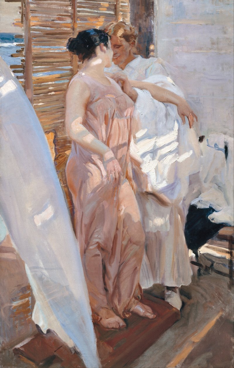 Vaaleanpunainen aamutakki. Kylvyn jälkeen tekijältä Joaquín Sorolla
