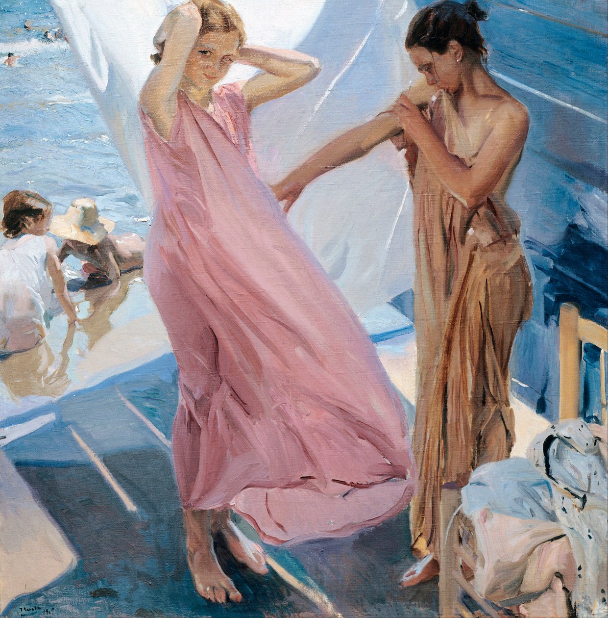 ""Apres le bain"" (kylvyn jälkeen) kaksi nuorta tyttöä, jotka pukeutuvat uimisen jälkeen meressä. Joaquin Sorolla y Bastidan maalaus (1863-1923) - 1909 - Öljy kankaalle - Museo Sorolla Madrid tekijältä Joaquin Sorolla y Bastida