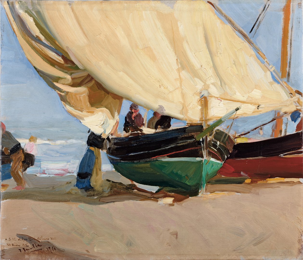 Fishermen, Stranded Boats, Valencia; Kalastajat, rantaveneet, Valencia, tekijältä Joaquín Sorolla