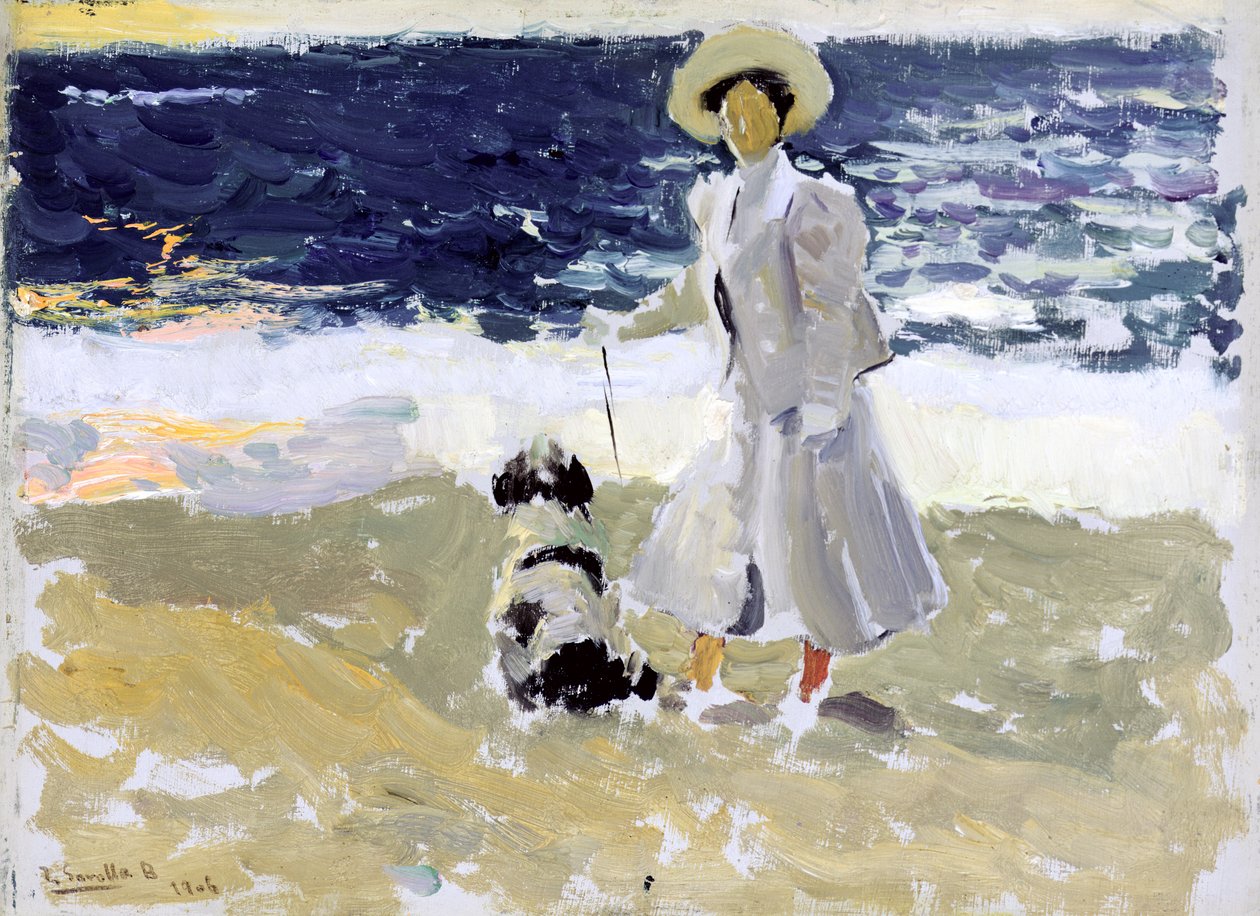 Nainen ja koira rannalla tekijältä Joaquín Sorolla