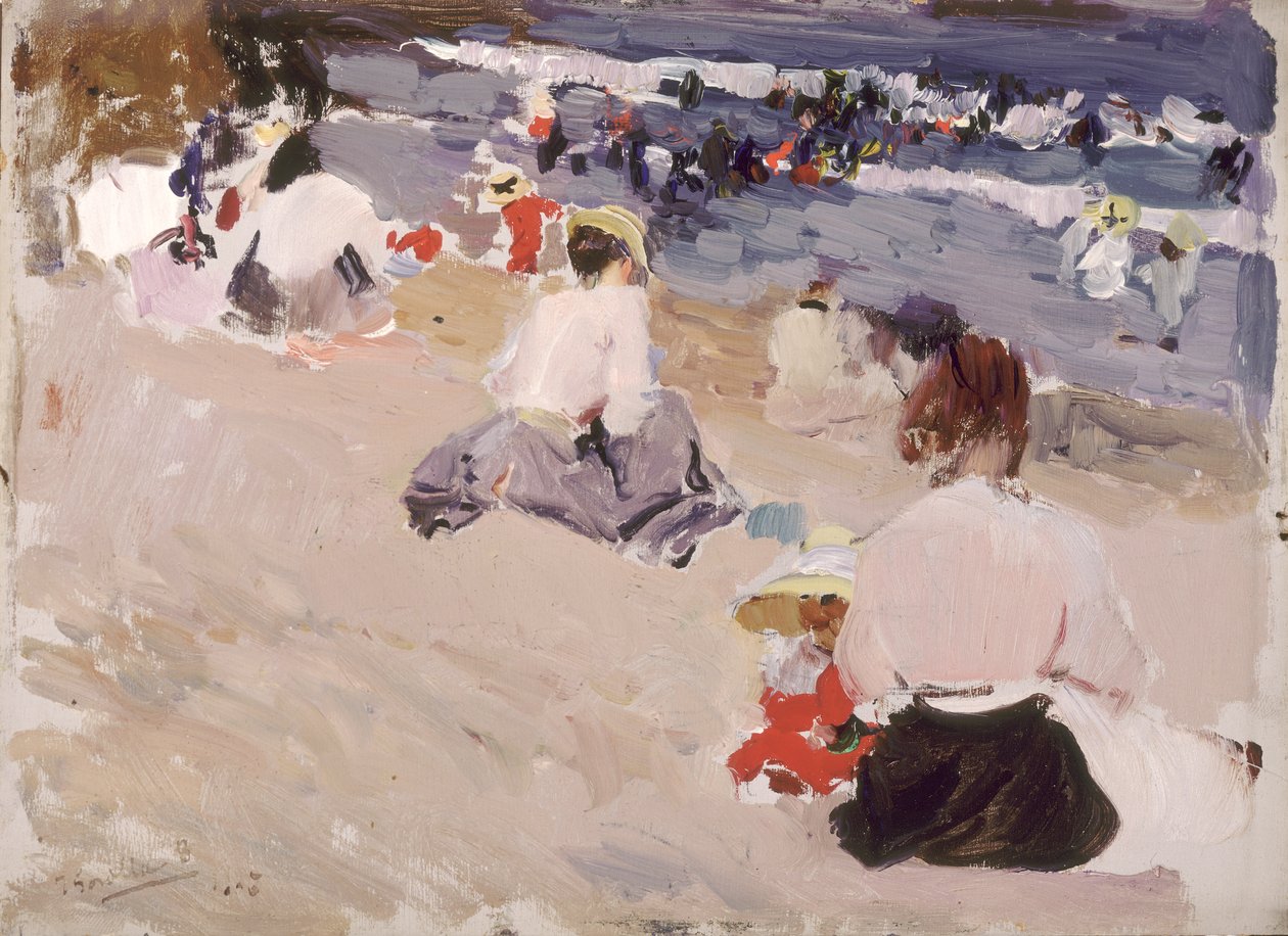 Ihmiset istuvat rannalla tekijältä Joaquín Sorolla
