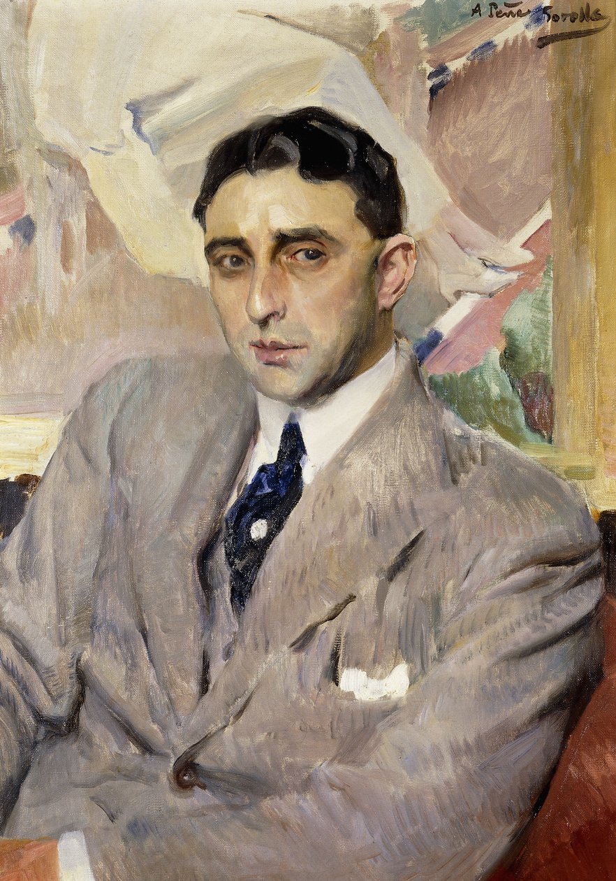 Näyttelijän muotokuva Ramon Pena, puolipitkä, yllään harmaa puku, tekijältä Joaquín Sorolla