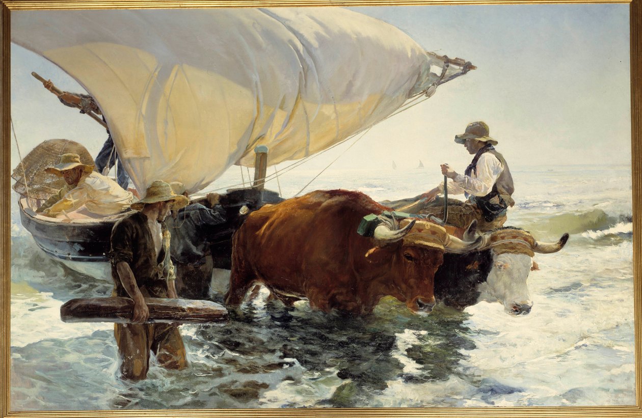 Paluu kalastuksesta, veneen hinaus Joaquin Sorolla y Bastida (1863-1923) maalaus su. 2,6x3,2 m. 1800-luvun Pariisi, museo d