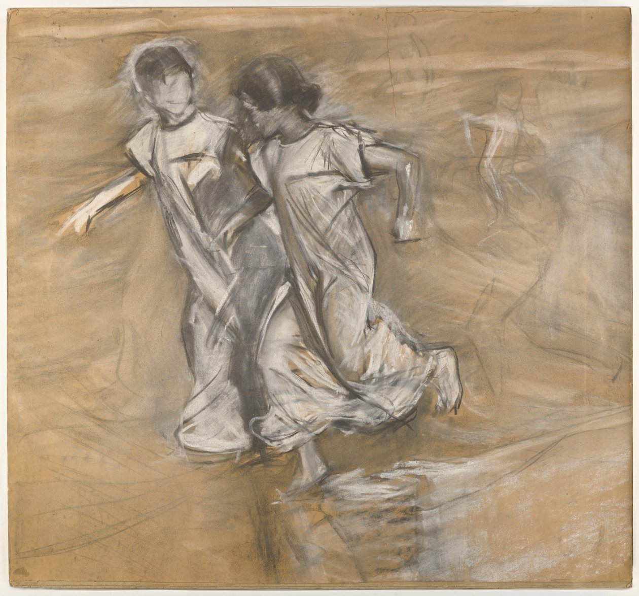 Nimetön (Kaksi tyttöä valkoisessa juoksuvarsi käsivarressa) (hiili, grafiitti ja valkoinen pastelli) tekijältä Joaquín Sorolla