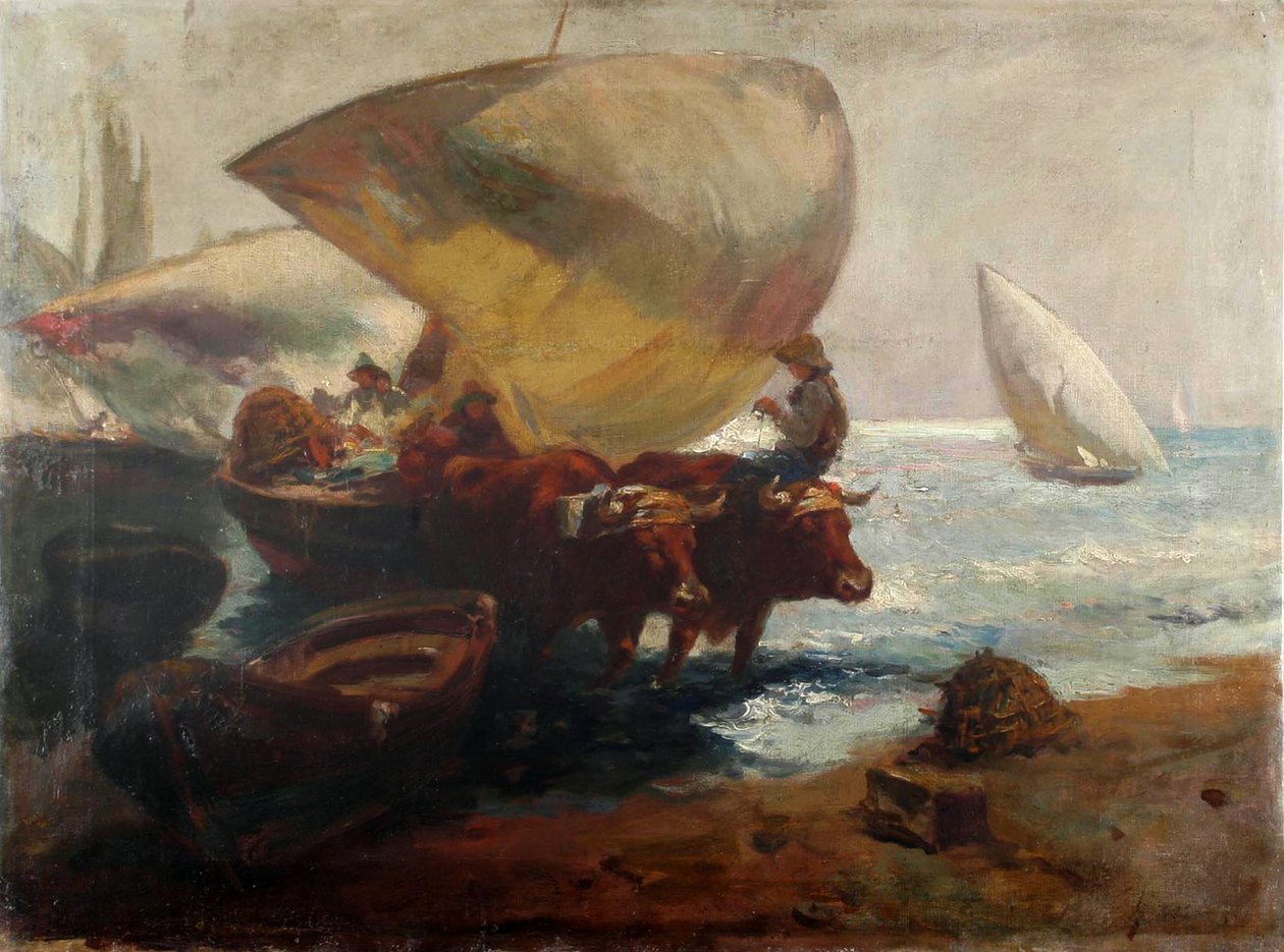 Playa escena con figuras y toros tekijältä Joaquín Sorolla