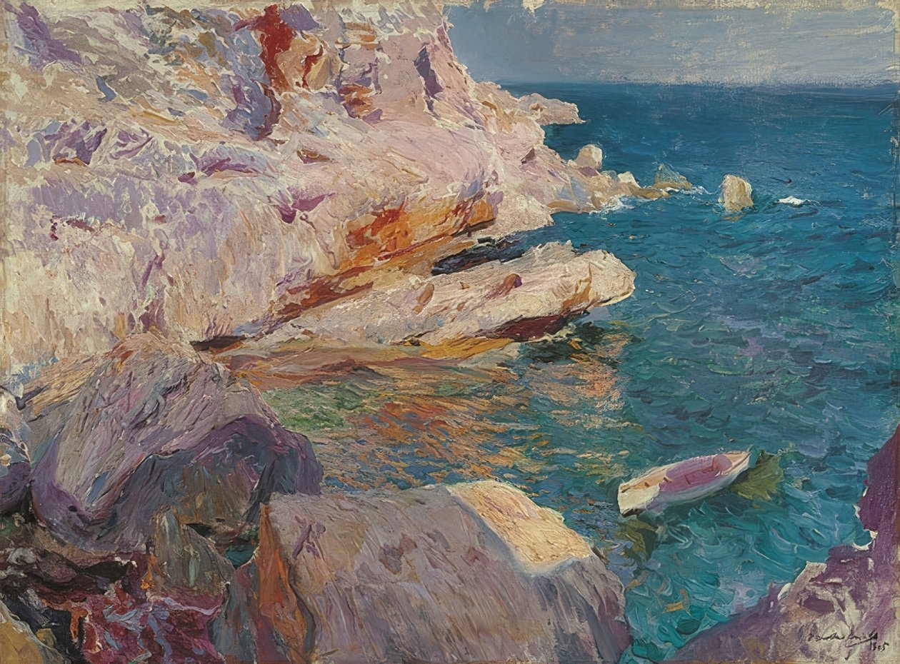 Jávea kiviä valkoisella veneellä. 1905 tekijältä Joaquín Sorolla
