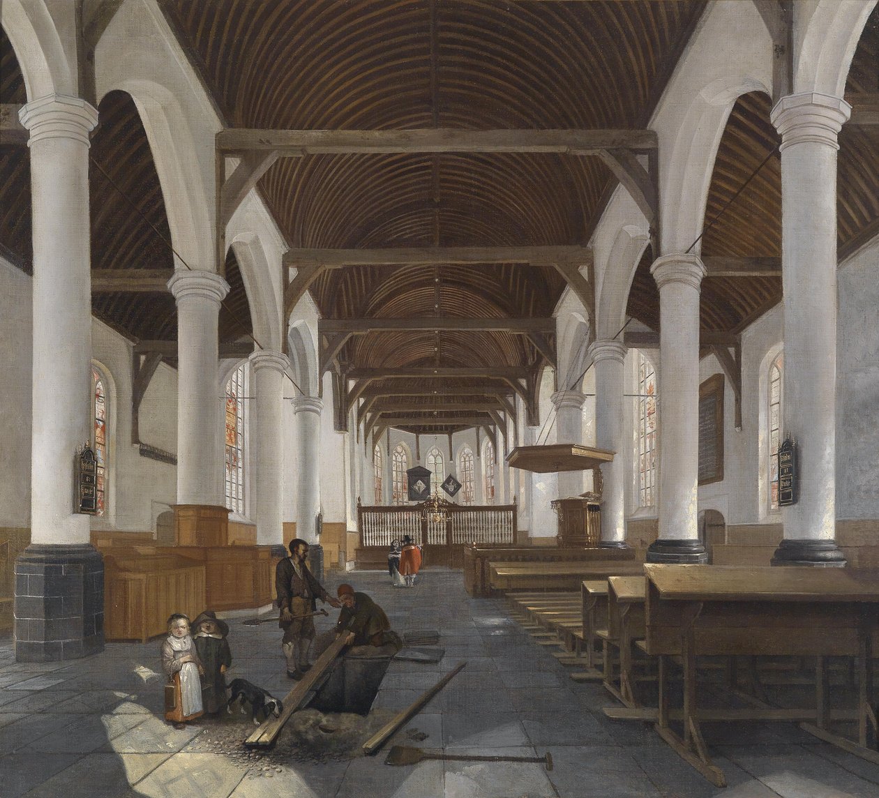 Das Innere einer barocken Kirche (Oude Kerk Amsterdamissa?) tekijältä Job Berckheyde