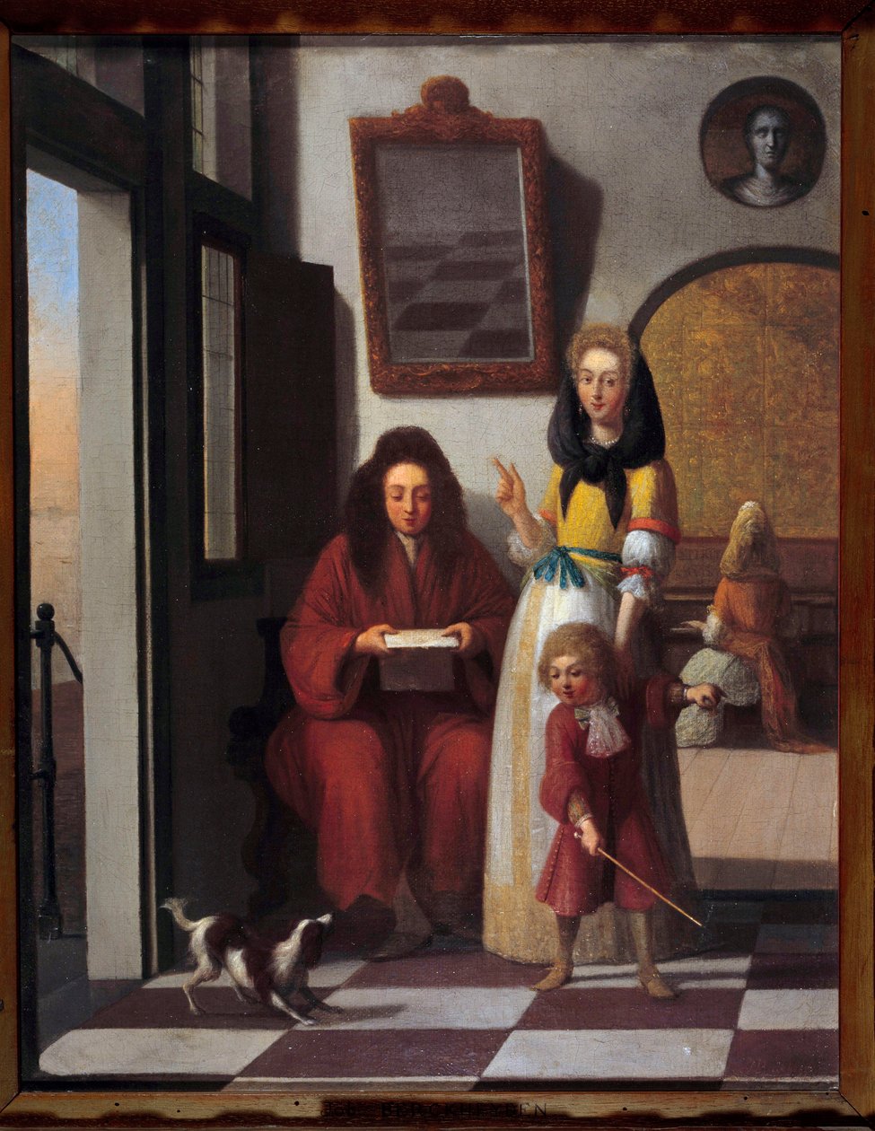 Genrekohtaus Perhe sisätiloissa. Äiti pitää poikansa leikkimässä koiran kanssa. Job Berckheyden (1630-1696) maalaus 1600-luvun Avignon, Calvet Museum tekijältä Job Berckheyde