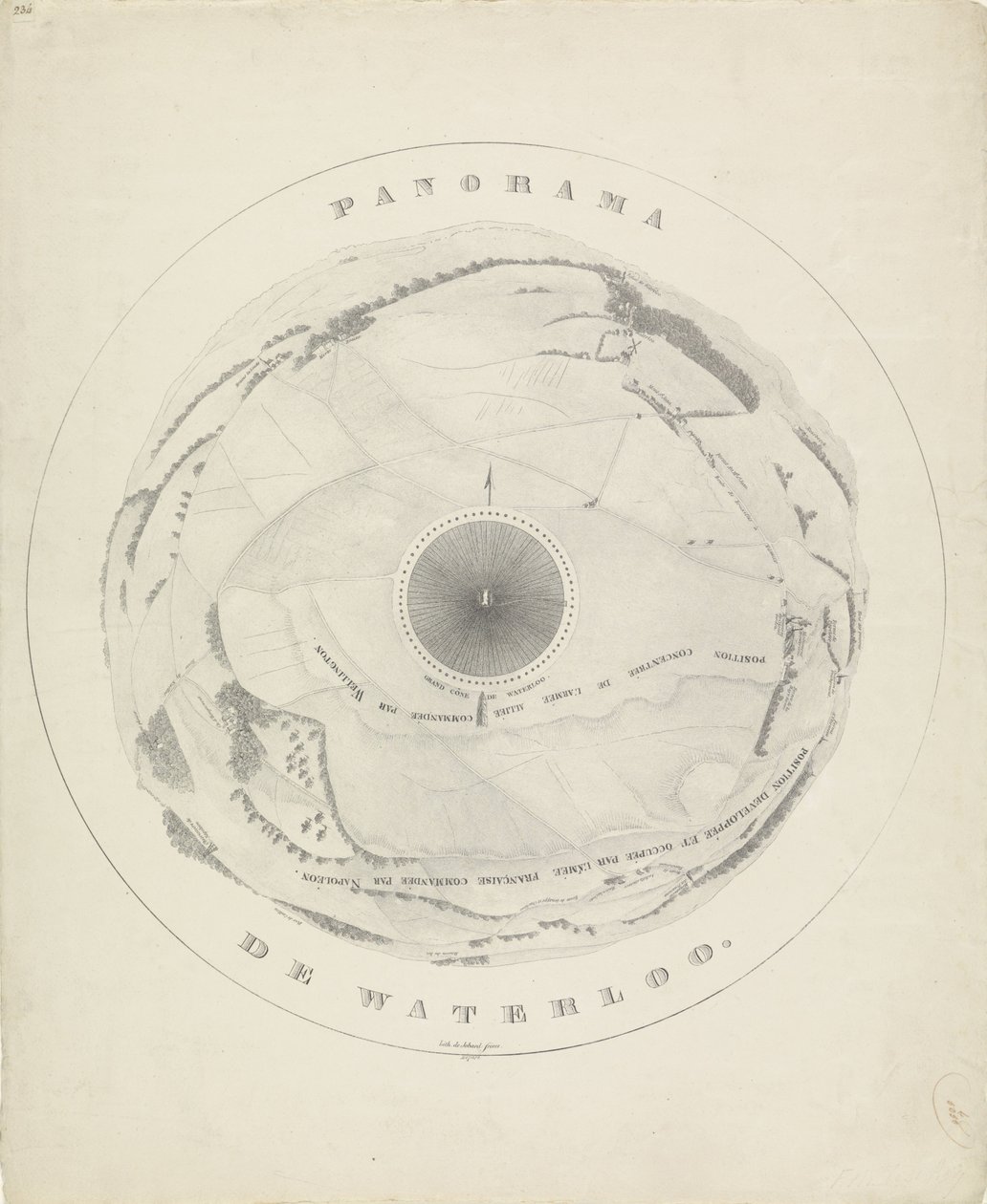 Panoraama Waterloon taistelukentältä, 1815 Panorama de Waterloo (otsikko esineessä) tekijältä Jobard frères