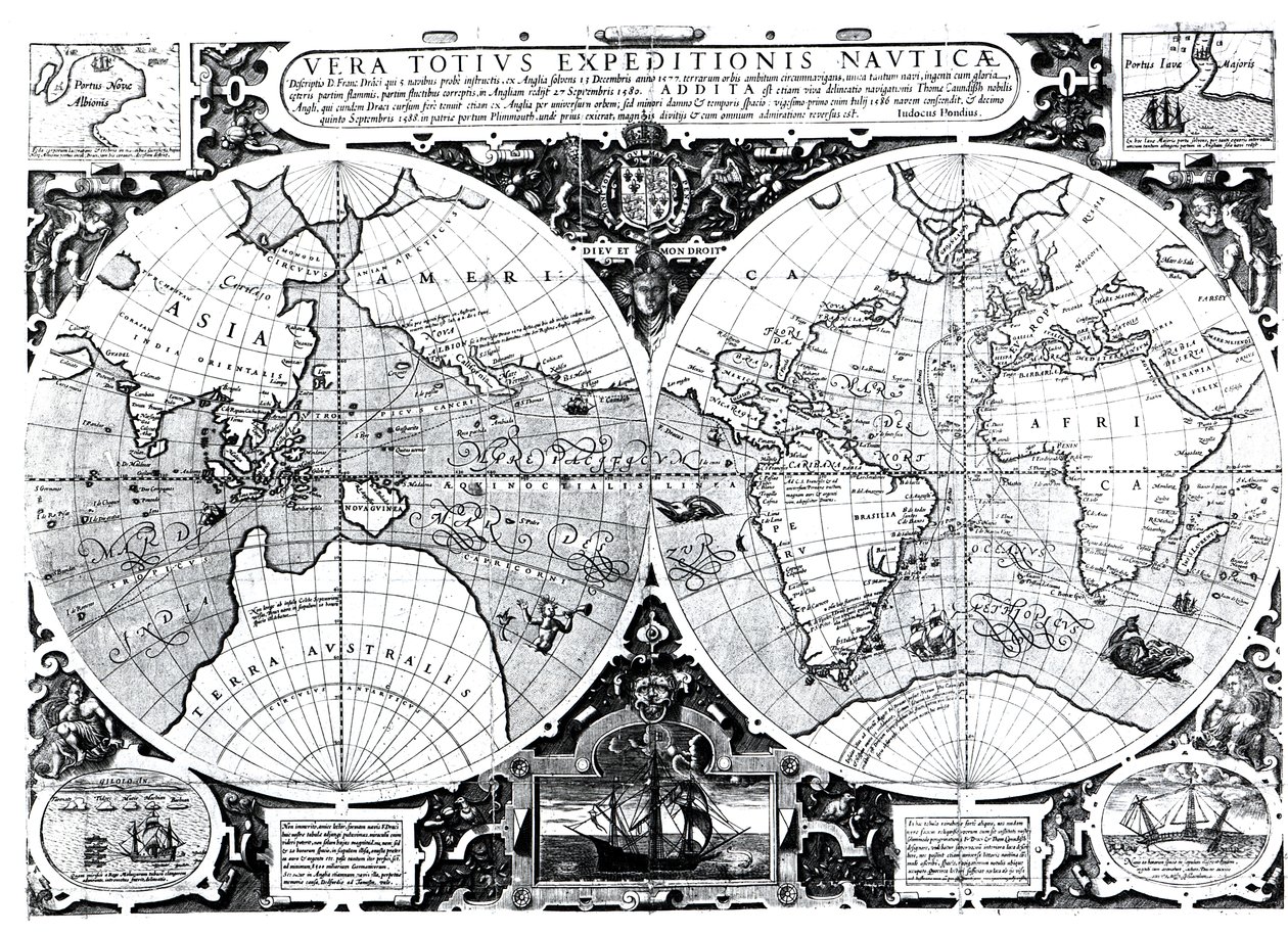 Maailmankartta; Vera Totius Expeditionis Nauticae, kartoittaa (vasemmalla) Sir Francis Draken (1540-96) ja (oikealla) Thomas Cavendishin (1560-92) maapallon ympärillä n. 1595 tekijältä Jodocus Hondius