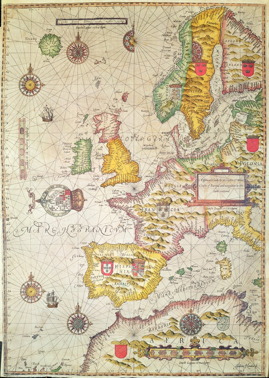 Tämän kirjan yleinen hoito ja kuvaus Euroopan meren rannikoista ja navigoinnista (käsinvärinen kaiverrus) tekijältä Jodocus Hondius