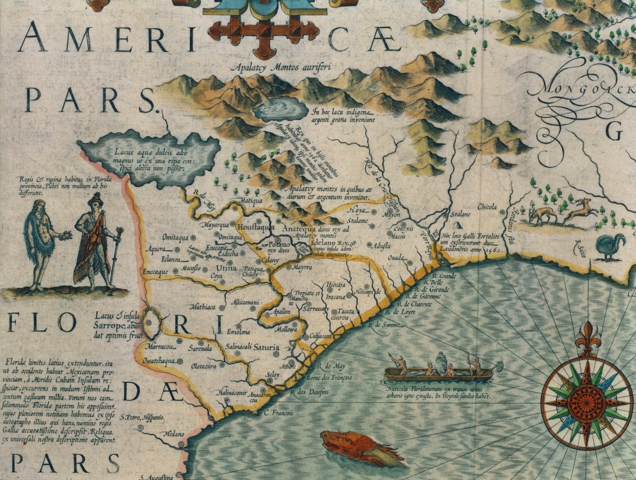 Pohjois-Carolinan rannikko, yksityiskohta kartasta Virginiae item et Floridae Mercatorin Atlas... vuodelta 1606, julkaisija Jodocus Hondius, 1619, käsin väritetty kaiverrus, ks. myös 66818, 81957 ja 81958. tekijältä Jodocus Hondius