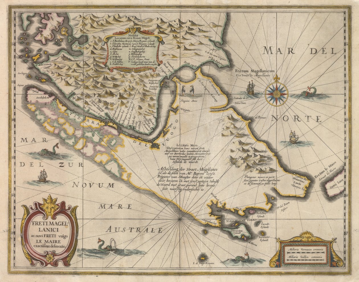 Magellanin salmen ja uusien salmien, jotka tunnetaan yleisesti nimellä Le Maire, tarkin rajaus, n. 1630 tekijältä Jodocus Hondius