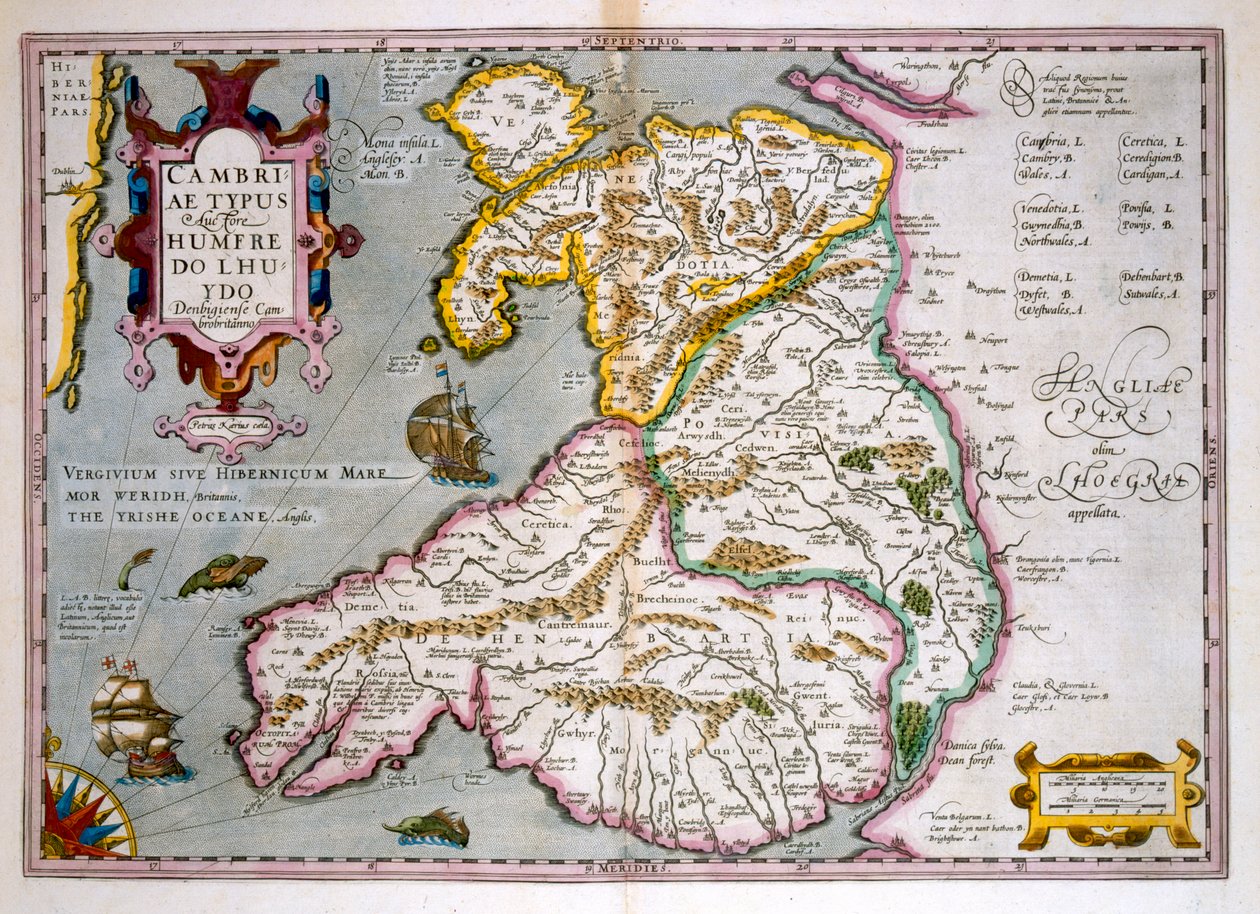Walesin kartta, julkaistu n. 1630 (käsinvärinen kaiverrus) tekijältä Jodocus Hondius
