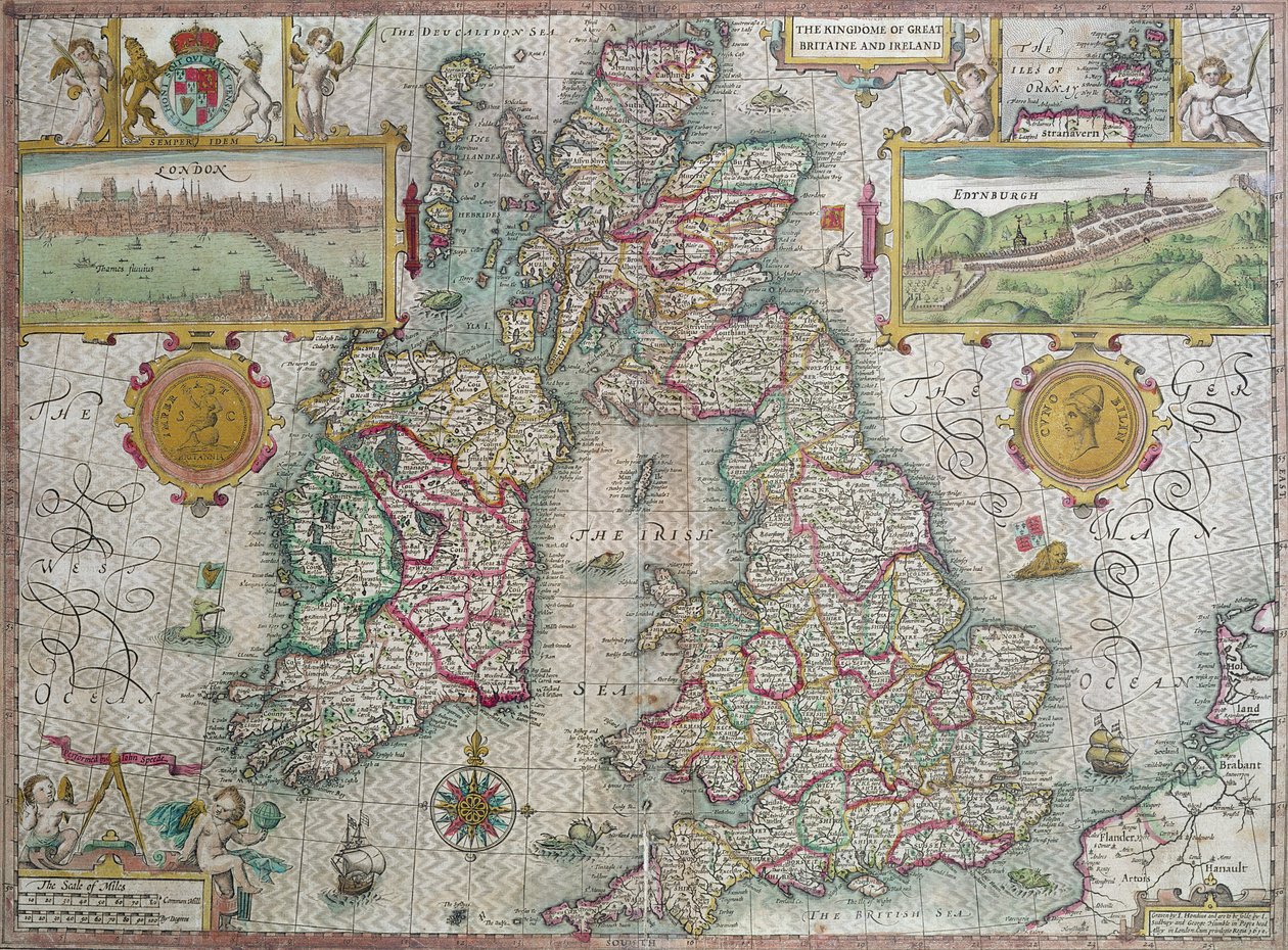 Ison-Britannian ja Irlannin kuningaskunnan kartta, 1610 (käsinvärinen kaiverrus) tekijältä Jodocus Hondius