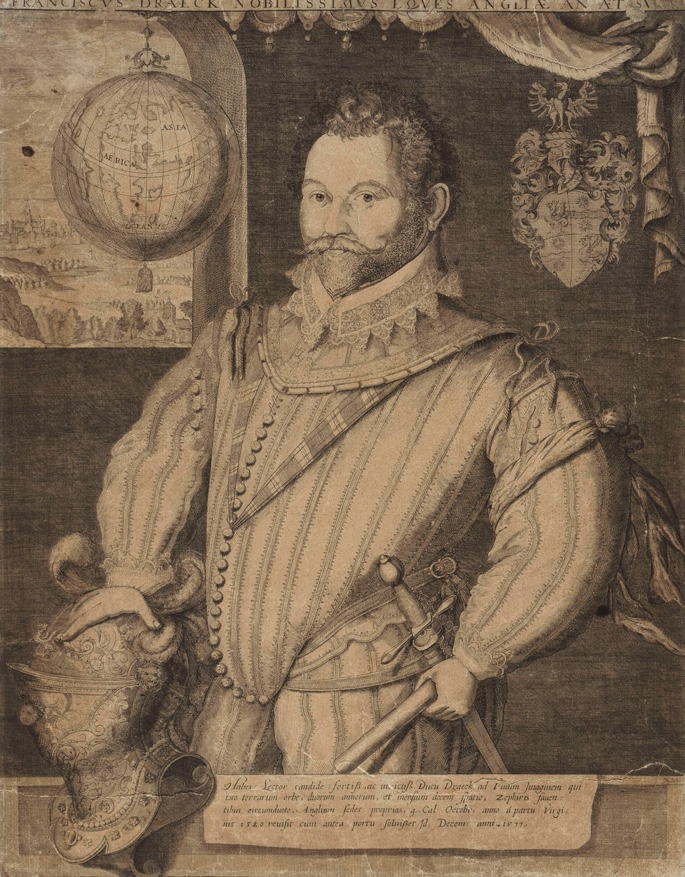Sir Francis Draken muotokuva, tekijältä Jodocus Hondius