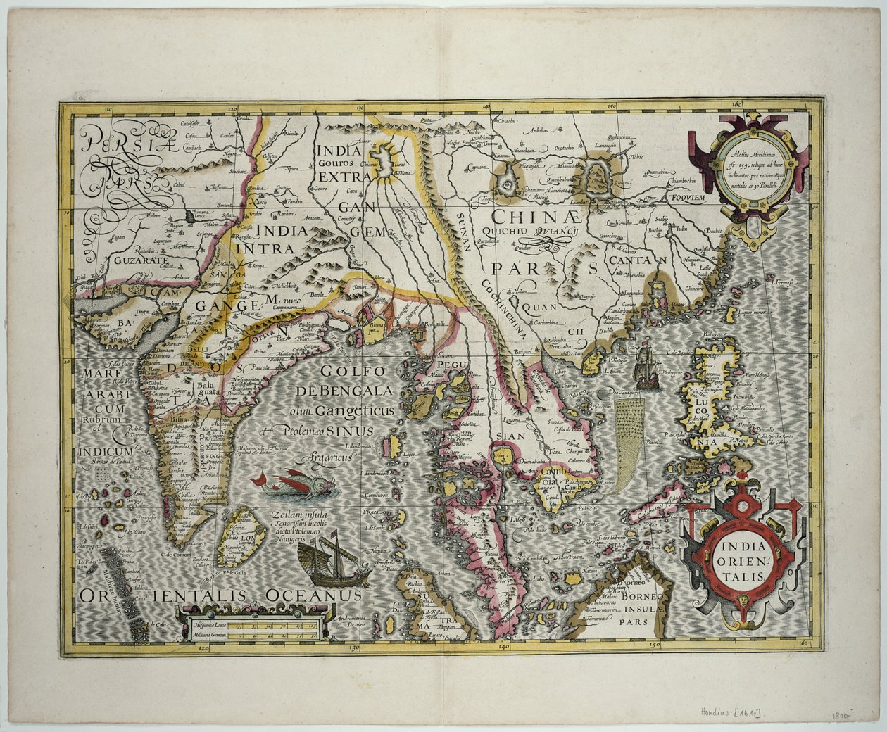 Intian mantereelta Filippiineille Indonesian saariston pohjoisosien ja Malaijin niemimaan kautta, 1600-luvun alku (värikaiverrus) tekijältä Jodocus Hondius