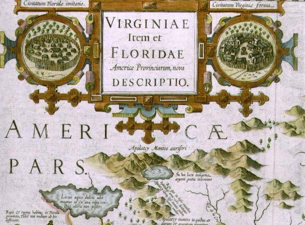 Otsikkokartussi ja upotukset, yksityiskohta Pohjois-Carolinan kartasta nimeltä Virginiae item et Floridae, Mercator Atlas... vuodelta 1606, pub. Jodocus Hondius, 1619 (käsinvärinen kaiverrus) (katso myös tekijältä Jodocus Hondius