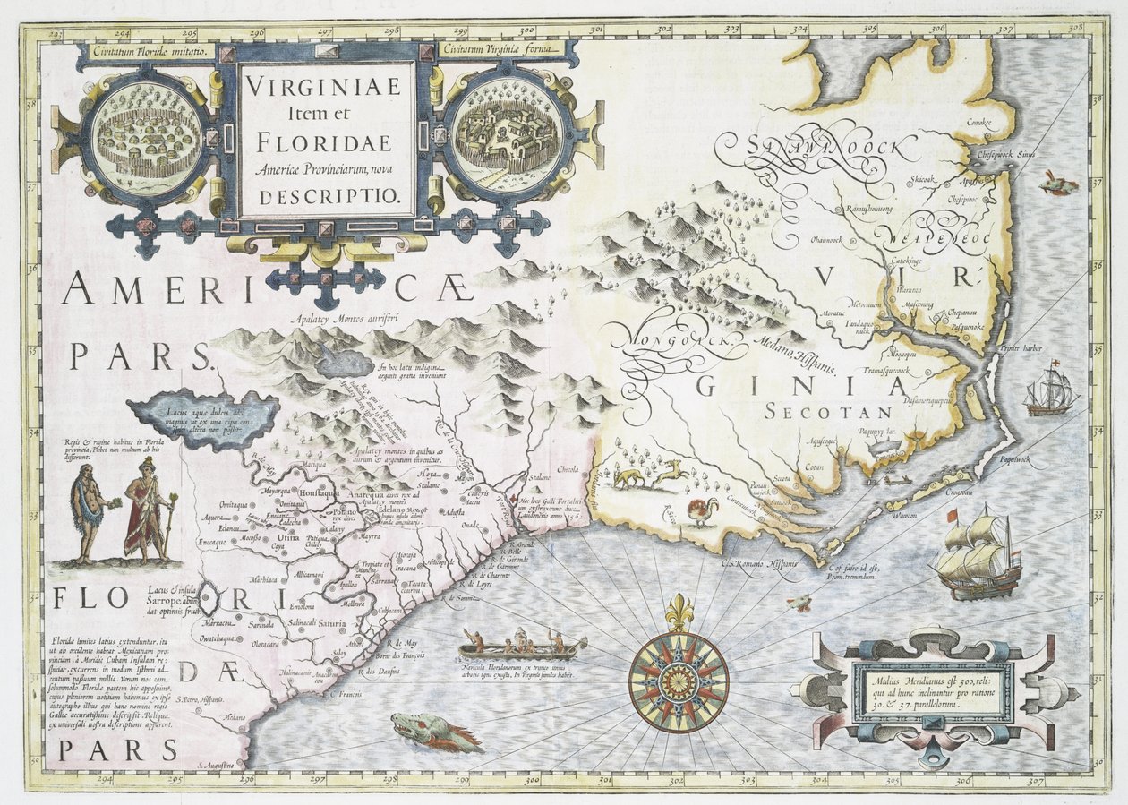 Uusi kuvaus Amerikan Virginian ja Floridan maakunnista, 1636 tekijältä Jodocus Hondius