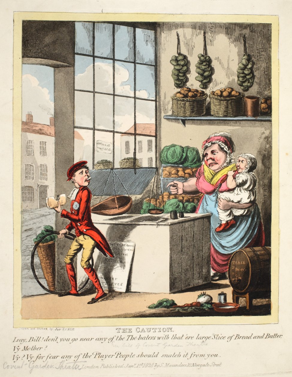 The Caution, Covent Garden Theatre, pub. 1828 (käsin väritetty kaiverrus) tekijältä Joe Lisle