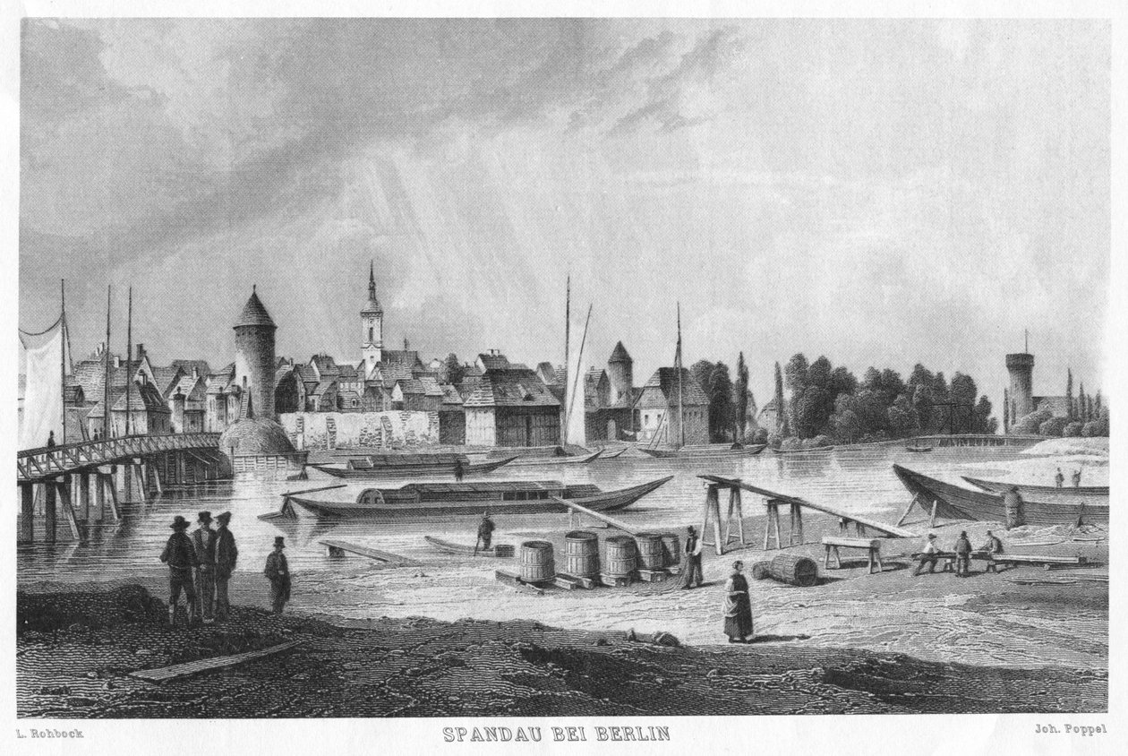 Historische Ansicht von Spandau bei Berlin. Stahlstich. Blick vom Stresow auf die Altstadt von Spandau. Im Vordergrund der Schiffsbauplatz auf dem Stresow, links die Stresow-Brücke (später Charlottenbrücke) tekijältä Joh. Poppel L. Rohbock