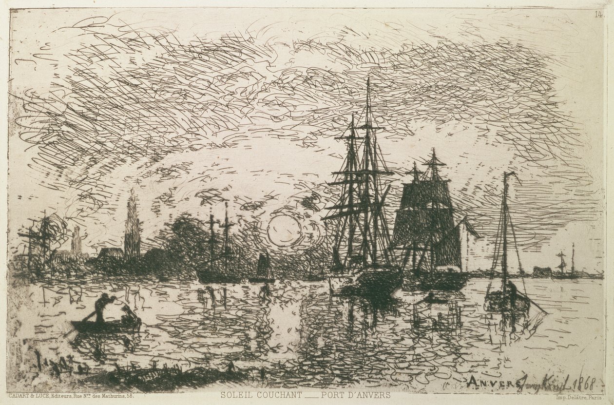Laskeva aurinko, Antwerpenin satama, 1868 tekijältä Johan Barthold Jongkind