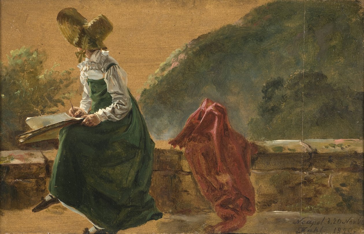 Prinsessa Caroline Amalie luonnostelu Napolissa. Tutkimus, 1820 (öljy paperille asennettuna levylle) tekijältä Johan Christian Dahl
