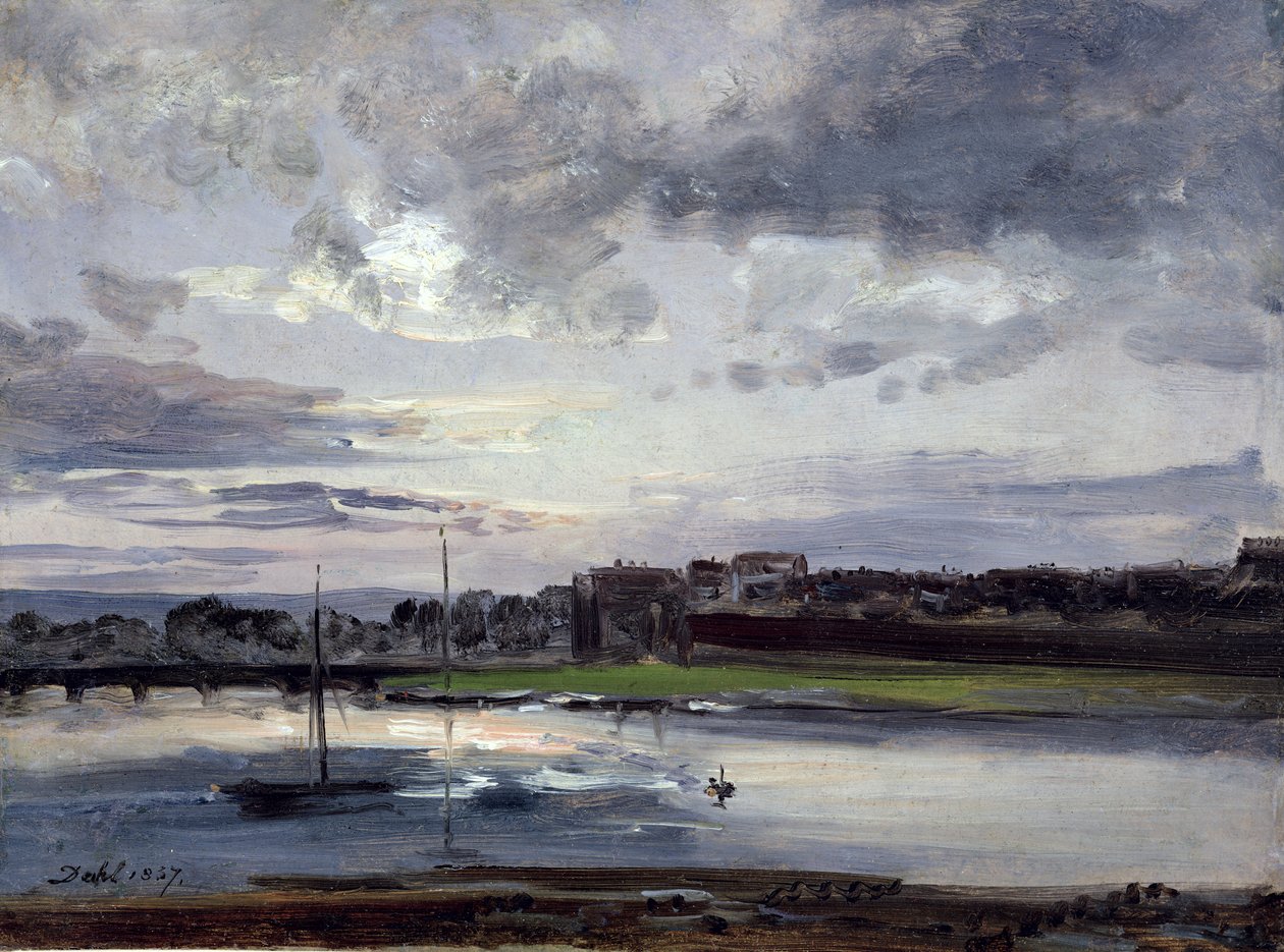 Elbe ja uusi kaupunki, Dresden, iltavalossa, 1837 (öljy paperille) tekijältä Johan Christian Dahl