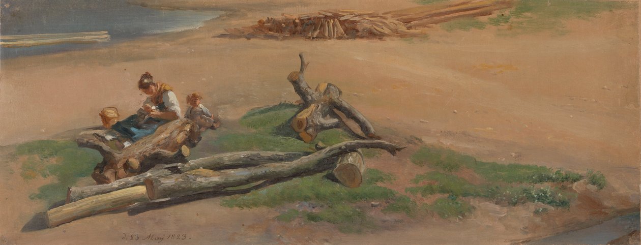 Nainen ja lapsi joen rannalla tekijältä Johan Christian Dahl