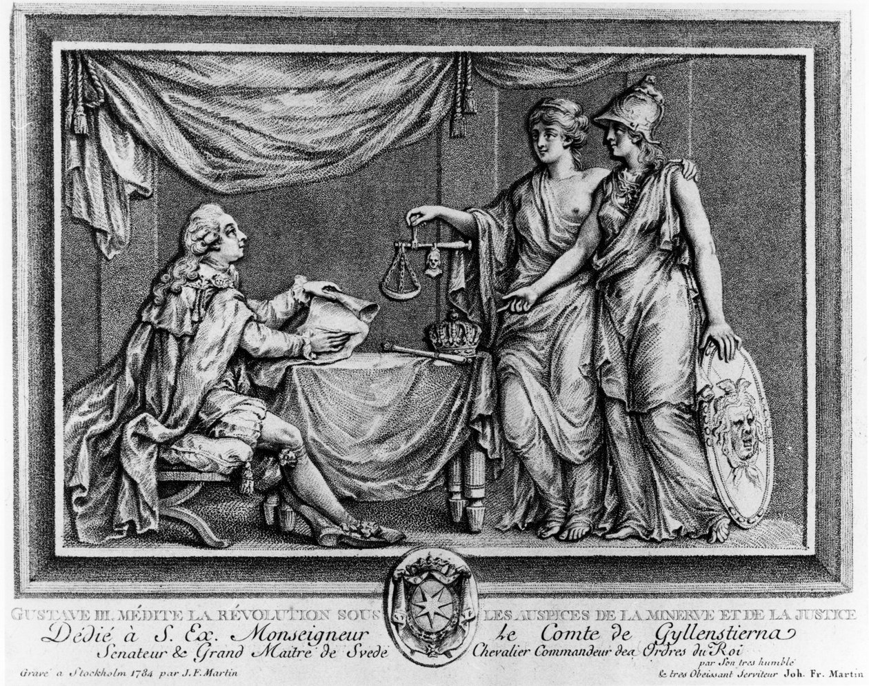 Kustaa III pohtii vallankumousta Minerva and Justice -järjestön suojeluksessa, 1784 tekijältä Johan Fredrik Martin
