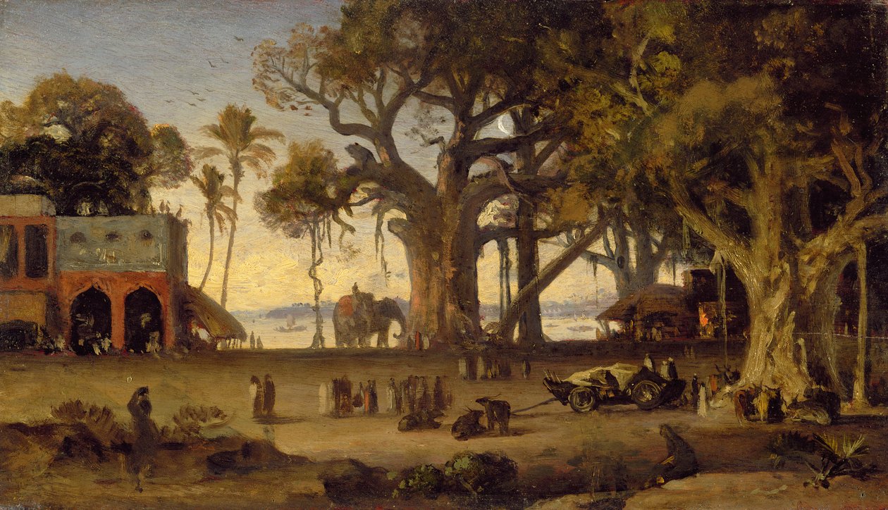 Kuutamoinen kohtaus intialaisista hahmoista ja norsuista Banyan-puiden joukossa, Ylä-Intia (luultavasti Lucknow) (öljy intialaiselle kovapuulevylle) tekijältä Johan Joseph Zoffany