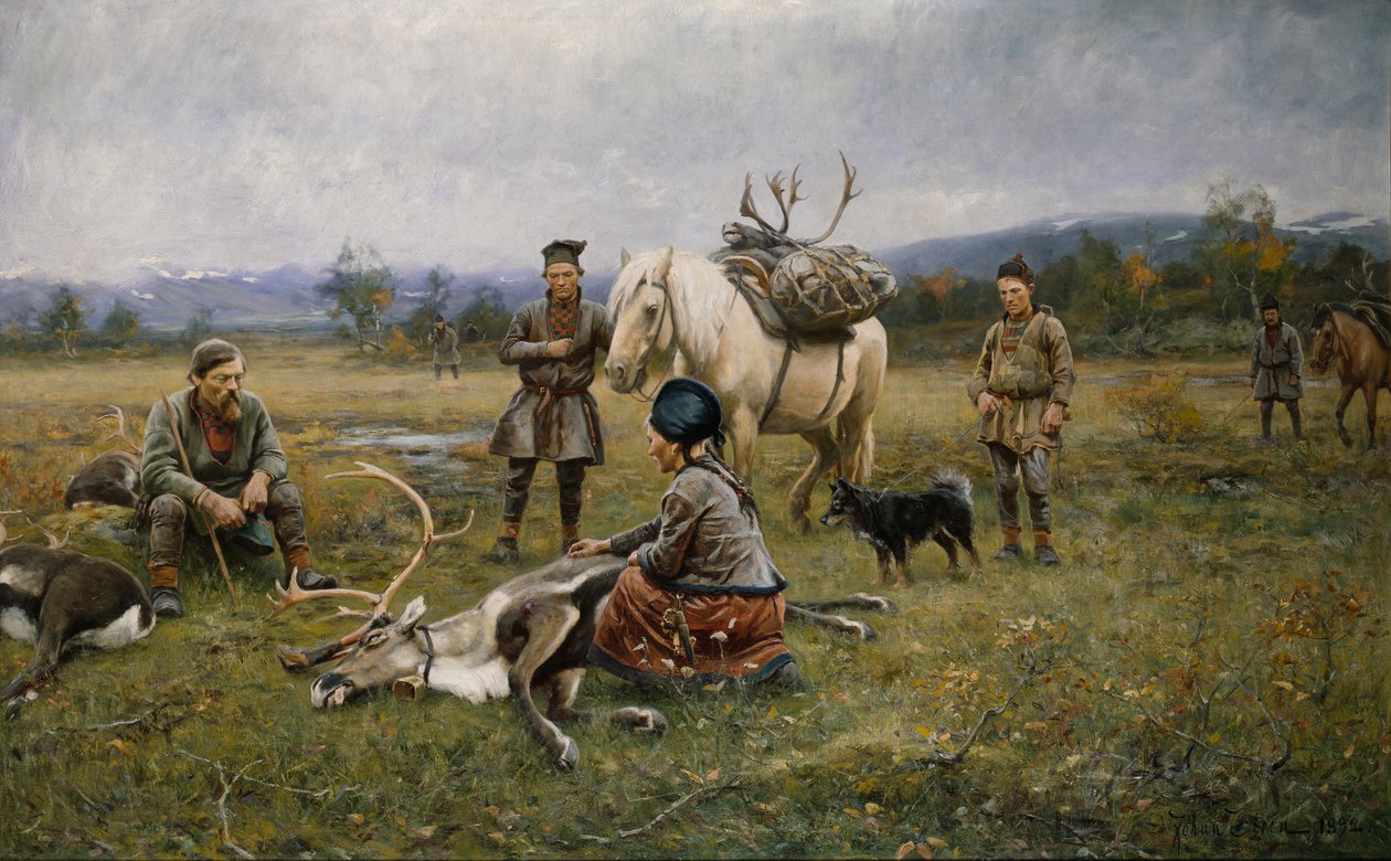 Lappit keräävät ammuttuja poroja, 1892 tekijältä Johan Tiren