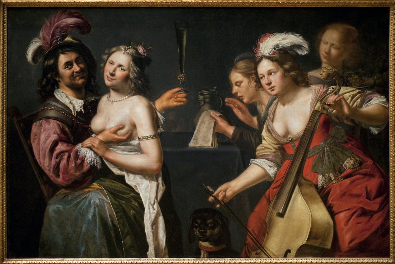 Tuhlaajapoika eli "viiden aistin allegoria". Johannes Baeckin (n. 1600-1654) maalaus öljy kankaalle tekijältä Johan Baeck