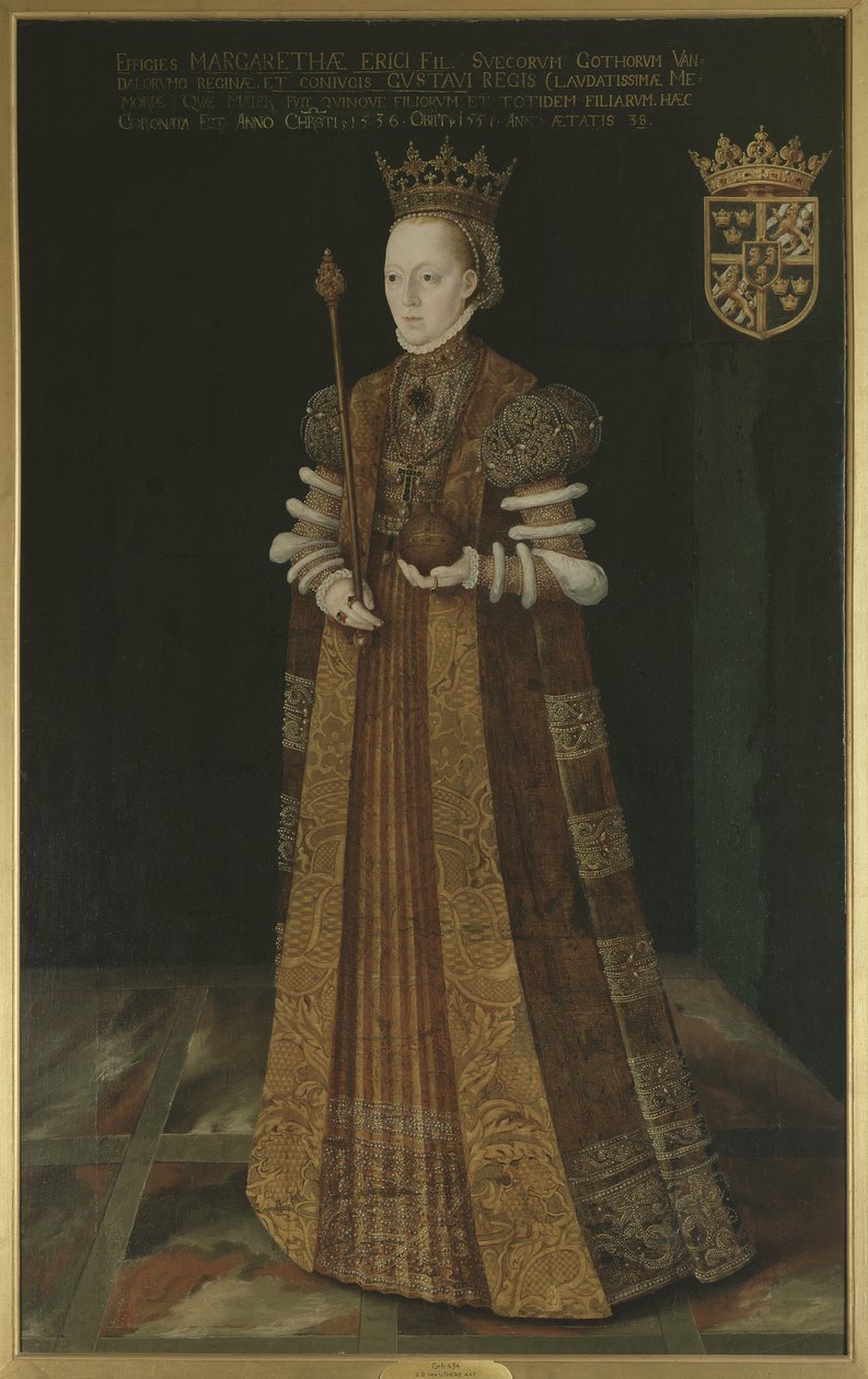 Marguerite Lejonhufvud, reine consort de Sweden, seconde pouse de Gustave I Vasa – Ruotsin kuningatar Margaret Leijonhufvud (1516-1551), kirjoittanut Uther, Johan Baptista van (toimii 1562-1597). Öljy kankaalle. Mitat: 195 x 121 cm. Tukholman kansallismuse tekijältä Johan Baptista van (active 1562 1597) Uther