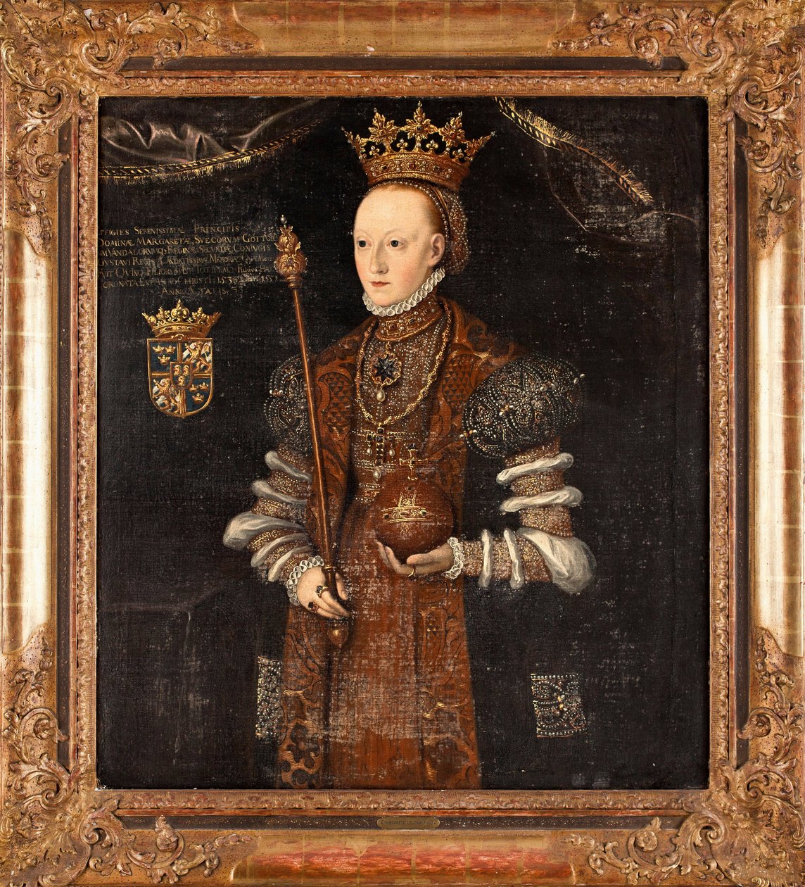 Muotokuva Marguerite Lejonhufvudista (s. Margareta Eriksdotter) (1516-1551), reine de Suede - Peinture de Johan Baptista van Uther (actif 1562-1597), huile sur toile (102x90 cm) tekijältä Johan Baptista van (active 1562 1597) Uther