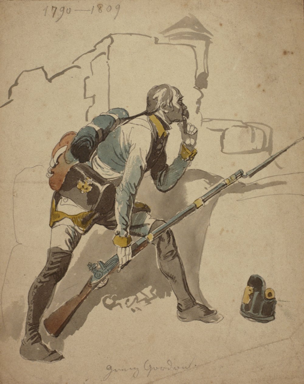 Sotamies jalkaväki (mahdollisesti 27. rykmentti, Hessen Cassell), 1790-1809 (vesiväri) tekijältä Johan Baptiste Heinefetter