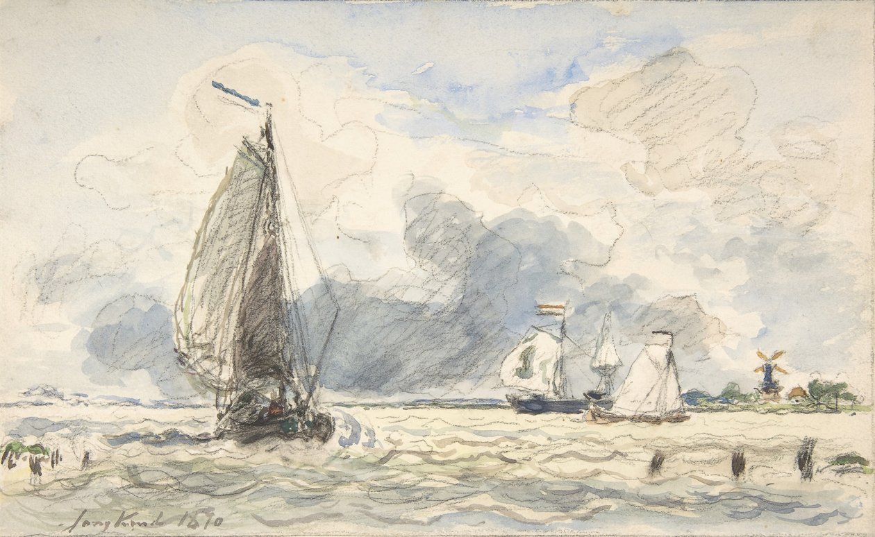 Hollantilaiset kalastusveneet, Verso: Veneiden luonnokset, 1870. tekijältä Johan Barthold Jongkind