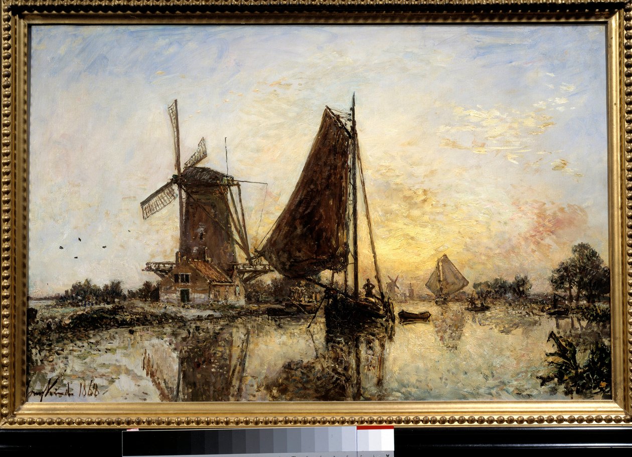 Hollantilainen maisema, veneitä tehtaan lähellä Jean Barthold Jongkindin (1819-1891) maalaus 1868 su. 0,52x0,81 m Pariisi, Musee d