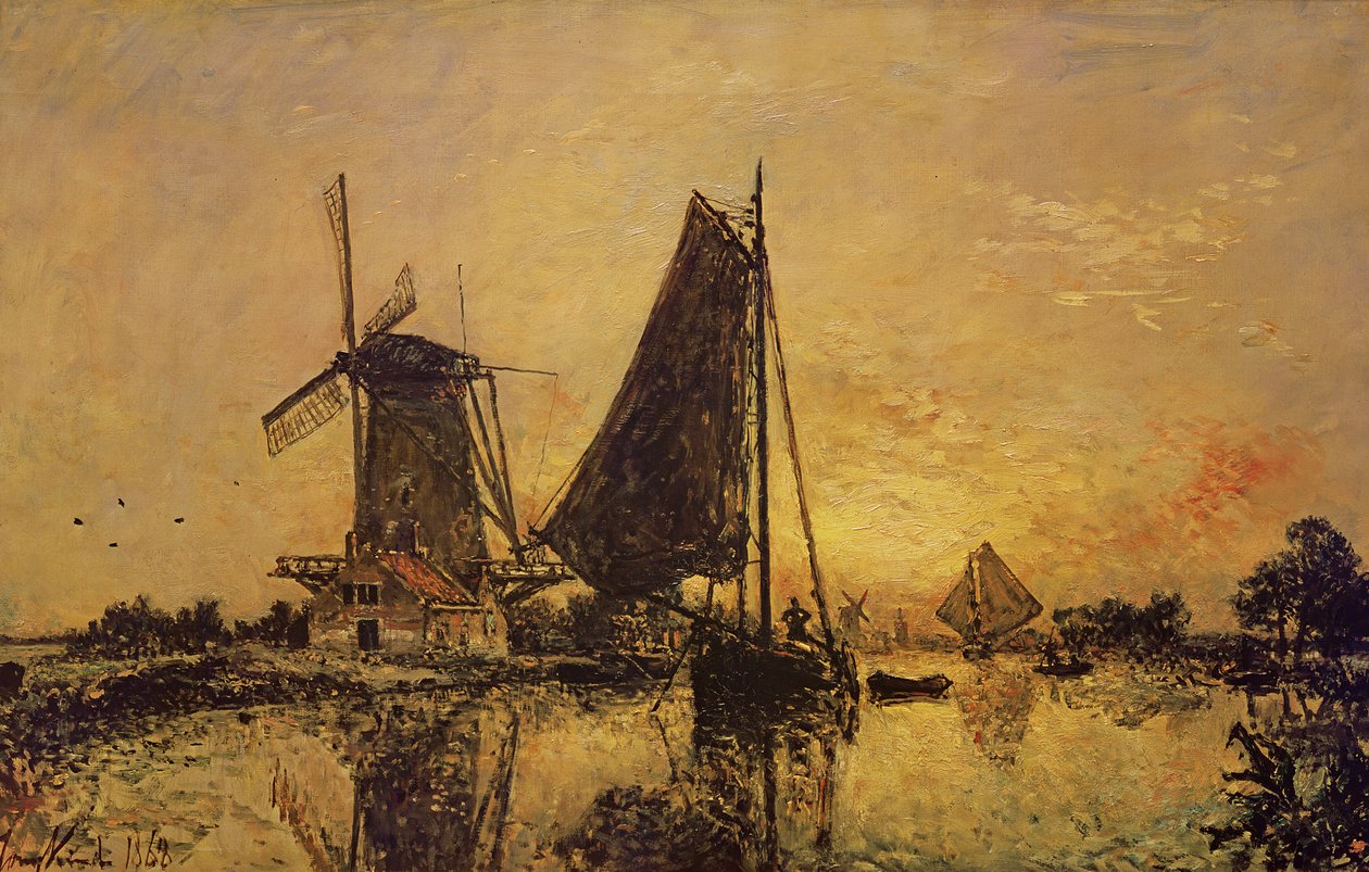 Hollannissa, Veneitä lähellä tuulimyllyä, 1868 tekijältä Johan Barthold Jongkind