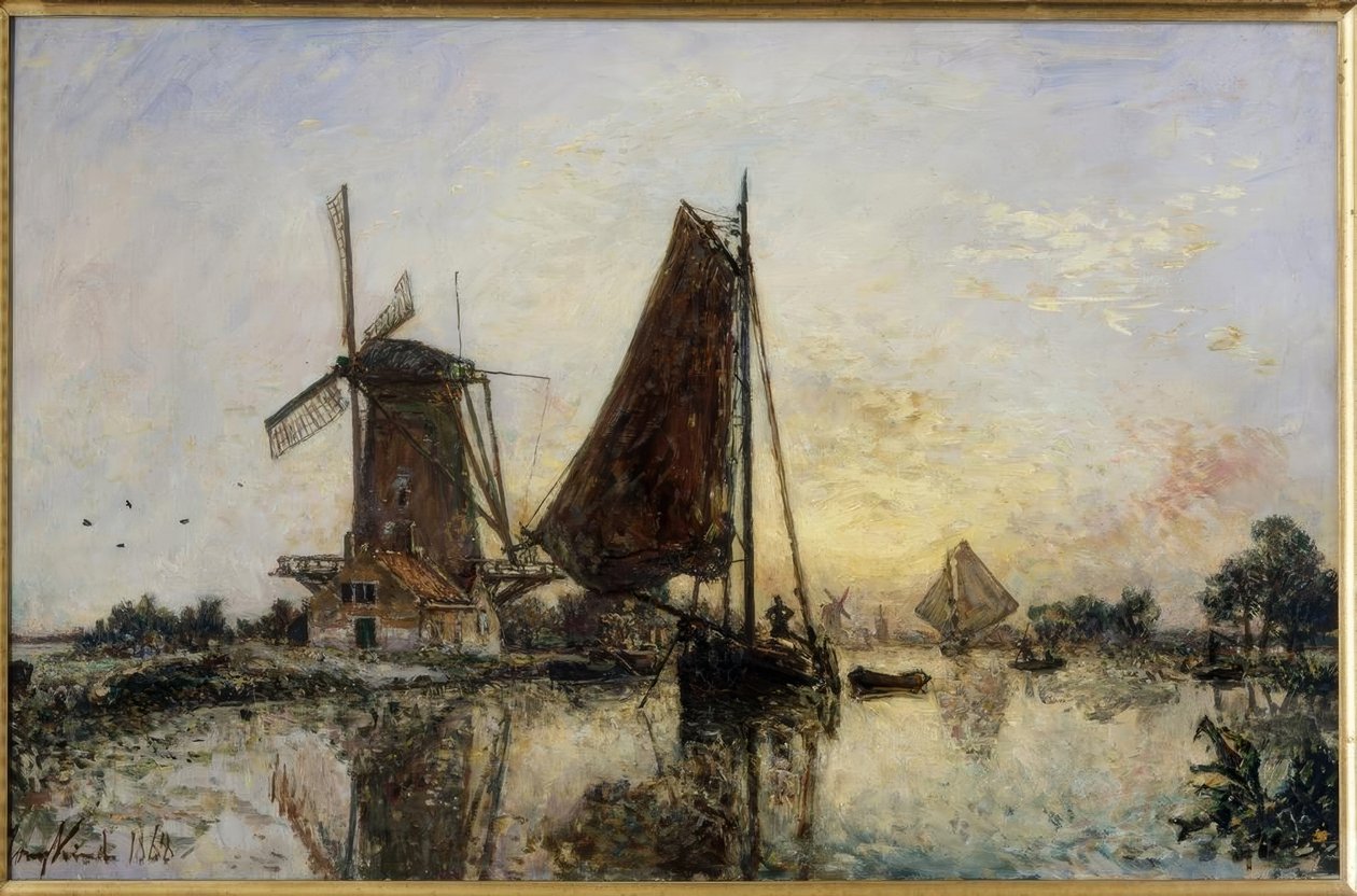Hollannissa. Schiffe bei einer Mühle tekijältä Johan Barthold Jongkind