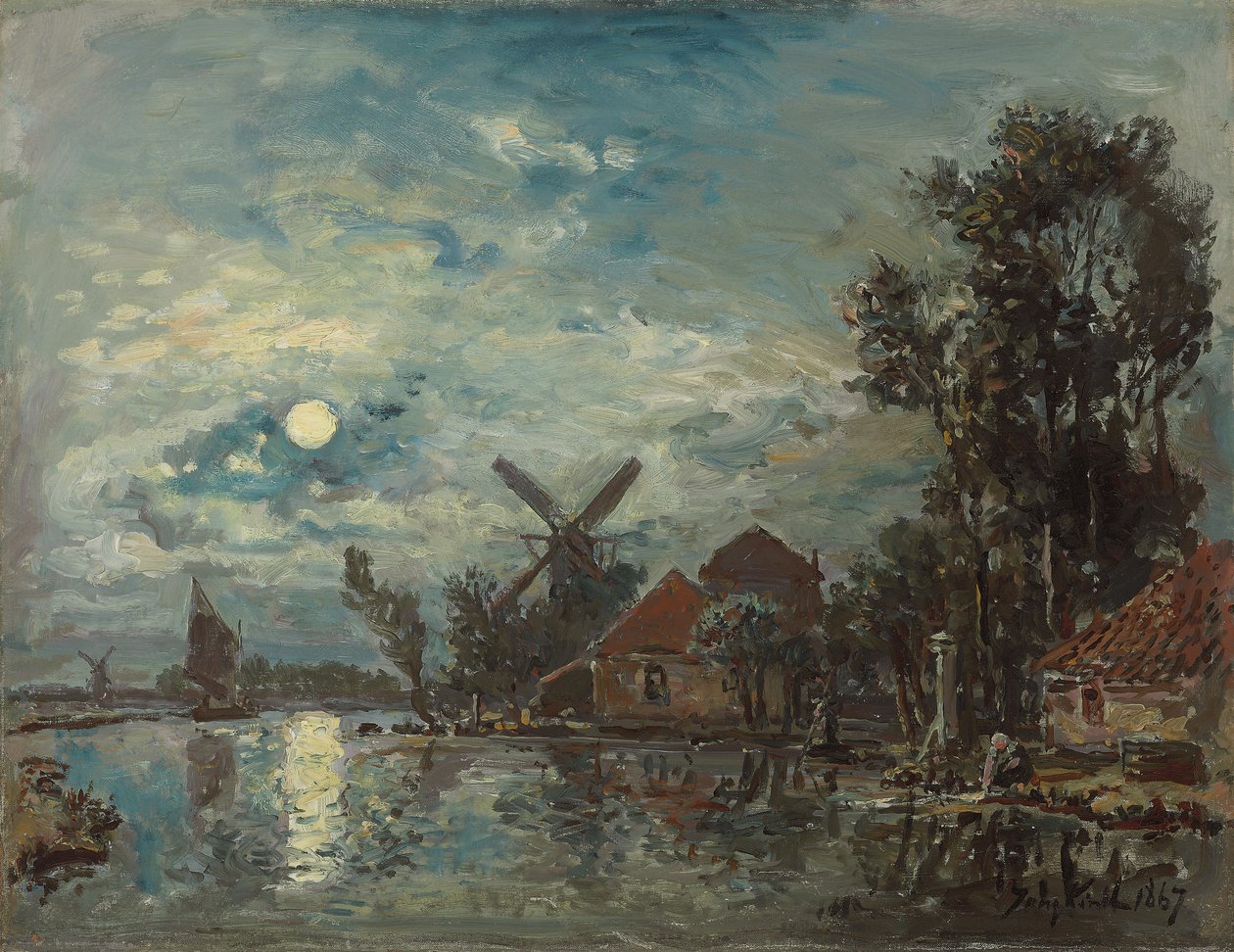 Moonlight on the Estuary, Hollanti; Kuun vaikutus suistoon, Hollanti, 1867 tekijältä Johan Barthold Jongkind