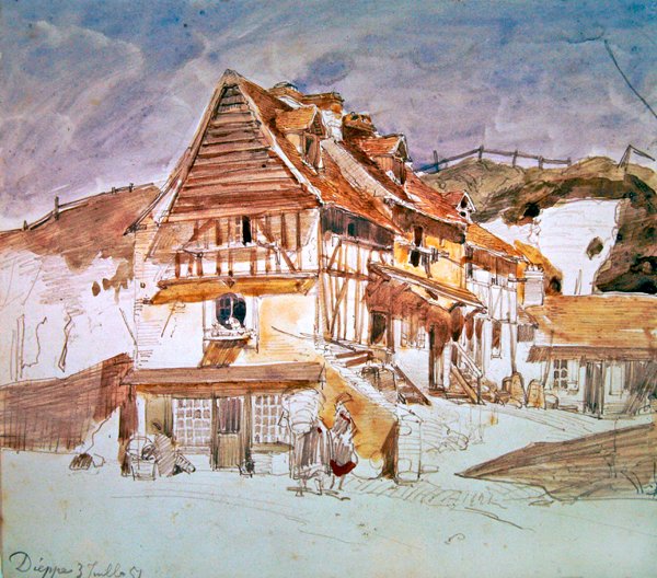 Vanhat talot Dieppessä, Normandiassa, Ranskassa, 1851 (kynä, muste ja wc paperilla) tekijältä Johan Barthold Jongkind