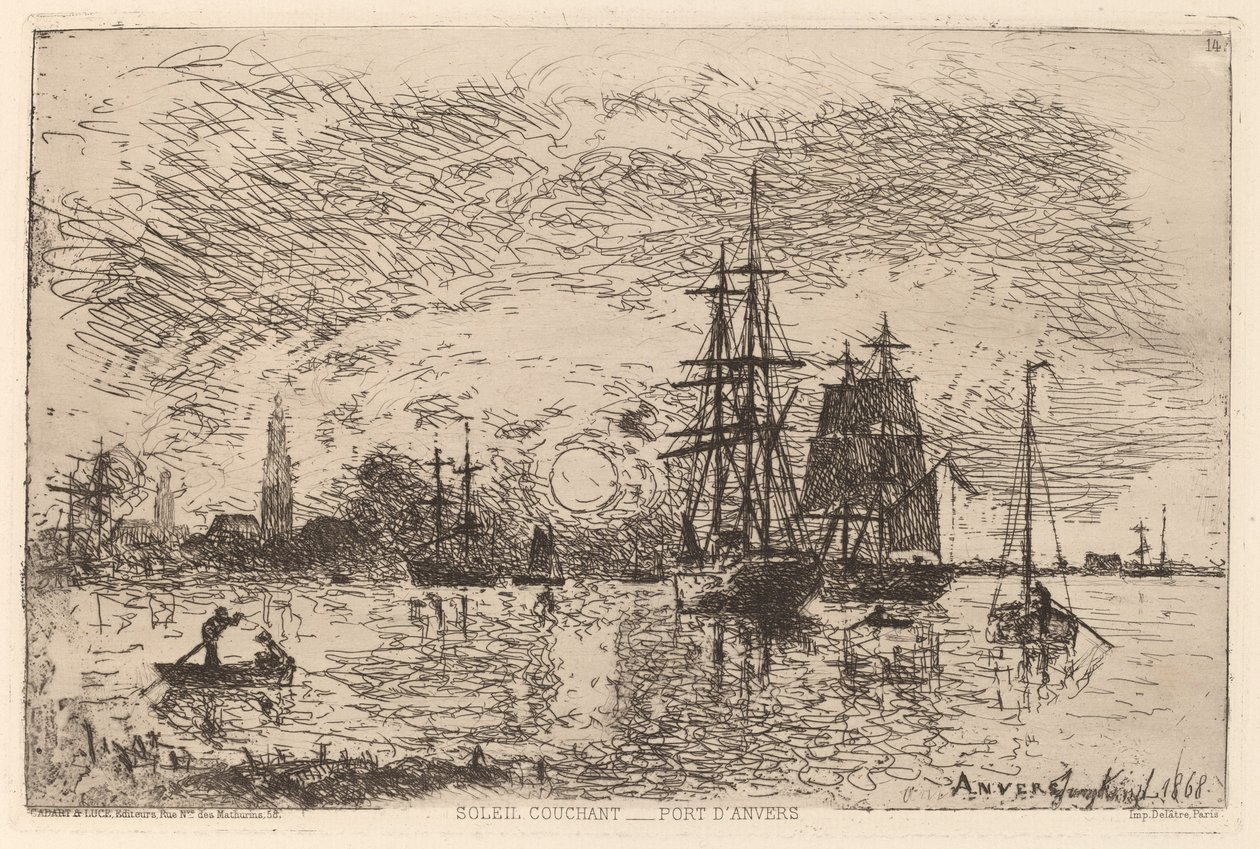 Aurinko laskee Antwerpenin sataman yllä tekijältä Johan Barthold Jongkind