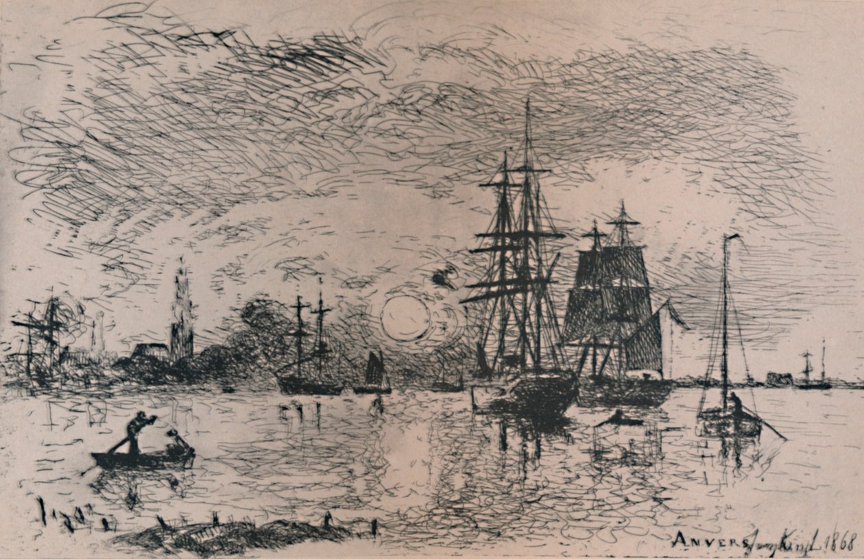 Auringonlasku Antwerpenin satamassa, 1868, 1946 tekijältä Johan Barthold Jongkind