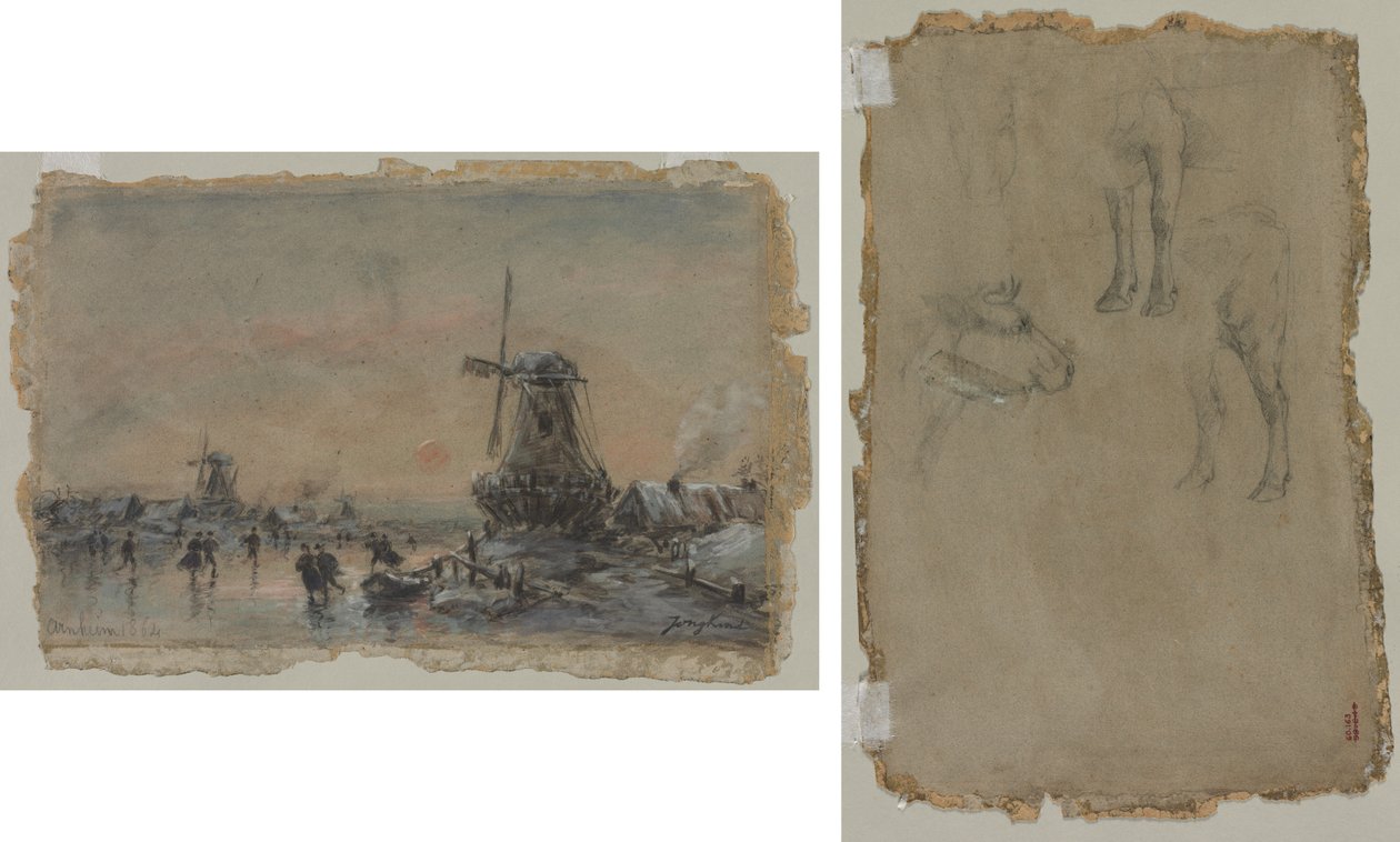 Näkymä Arnheimista (recto) Härkätutkimukset (verso) tekijältä Johan Barthold Jongkind