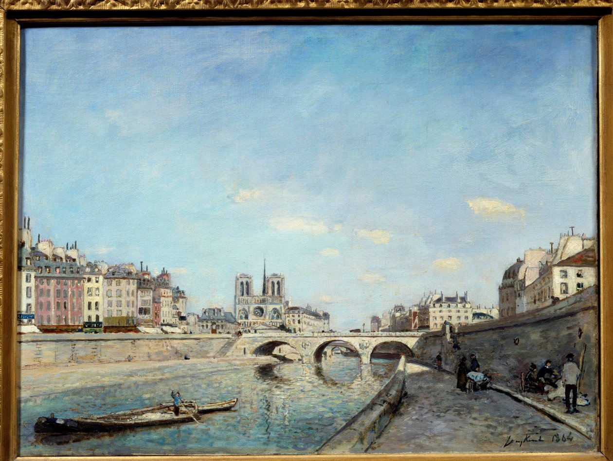 Näkymä Seinen rannoille ja Cathedrale Notre Dame de Paris Peniche joen varrella. Johan Barthold Jongkindin (1819-1891) maalaus 1864 su. 0,42x0,56 m Pariisi, musee d