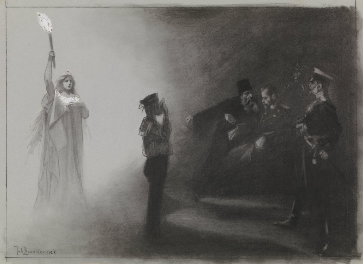Suunnittelu havainnollistavaksi teoksessa De Amsterdammer: Venäjän tappio merellä, 4.6.1905 tekijältä Johan Braakensiek