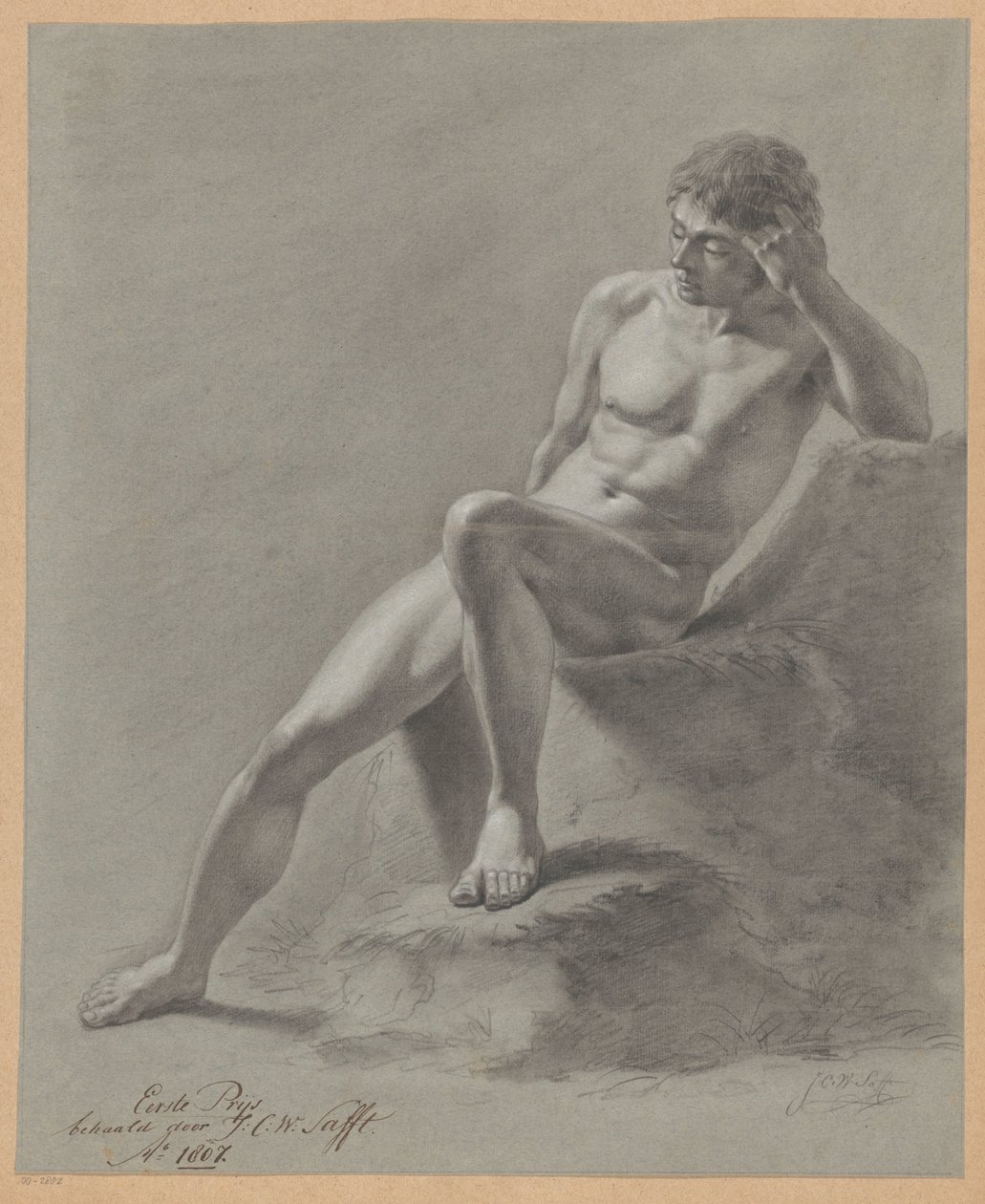 Istuva alaston mies, näkymä edestä (1. palkinto 1807) tekijältä Johan Christiaan Willem Safft