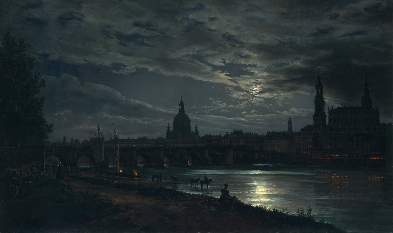 Moonlightin näkymä Dresdenistä, 1839 tekijältä Johan Christian Dahl