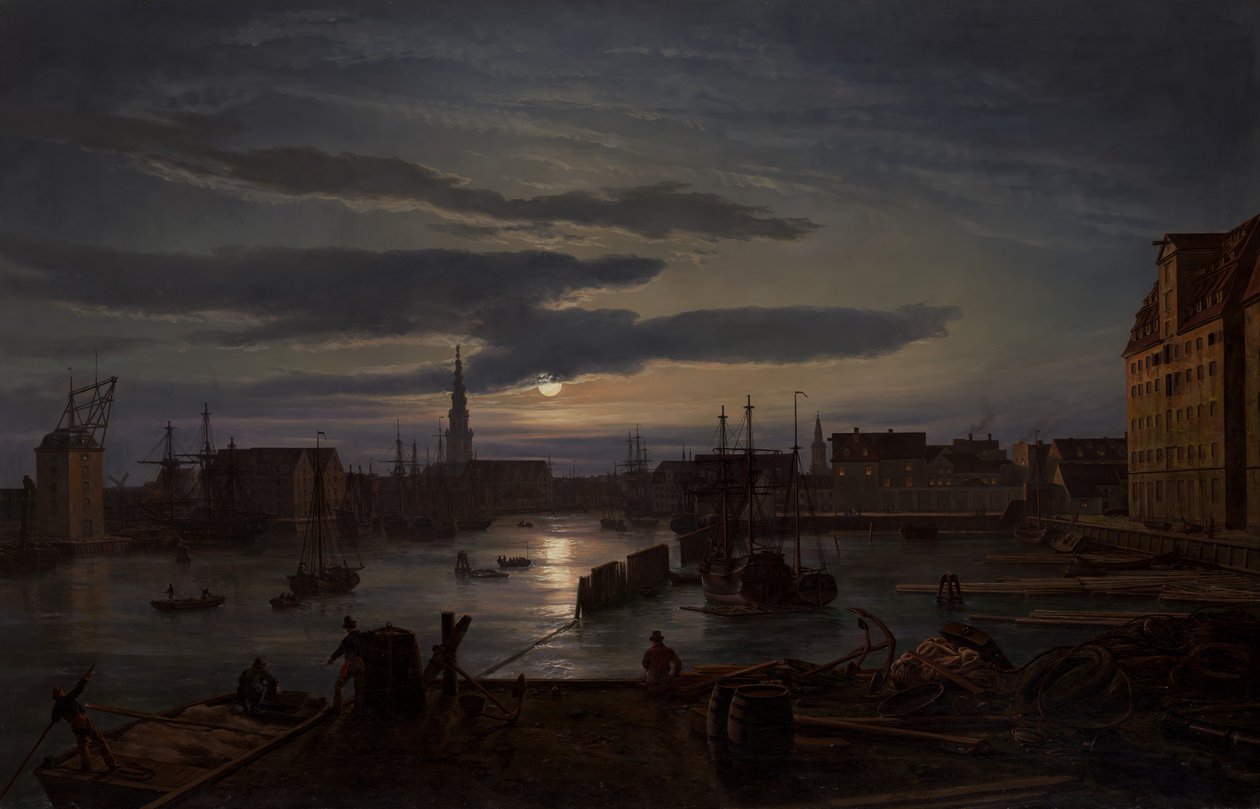 Moonlightin Kööpenhaminan satama, 1846. tekijältä Johan Christian Dahl